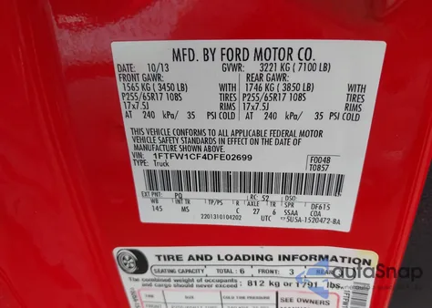 2013 Ford F-150 Xlt из США, поврежденный, VIN 1FTFW1CF4DFE02699